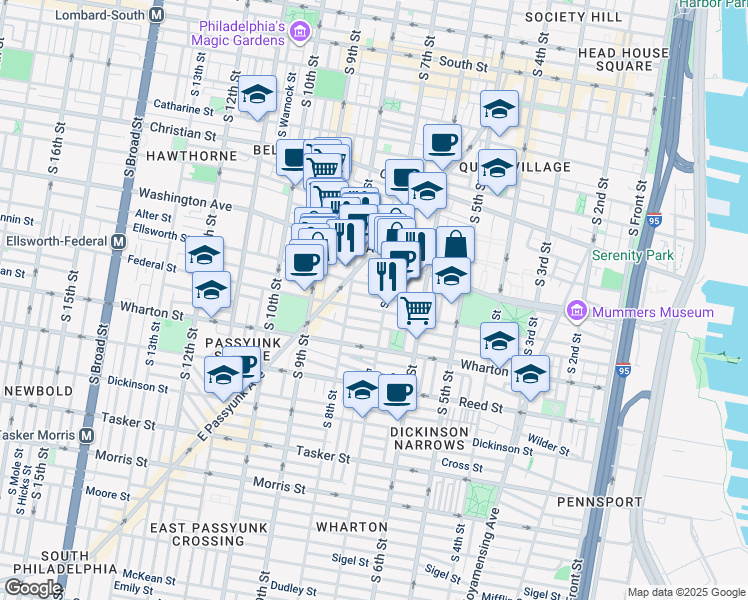 map of restaurants, bars, coffee shops, grocery stores, and more near 710 Annin Street in Philadelphia