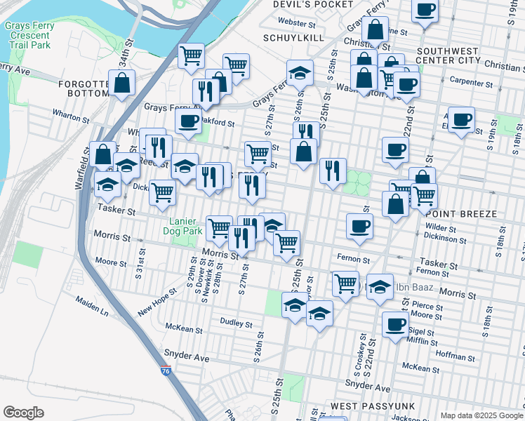 map of restaurants, bars, coffee shops, grocery stores, and more near 2630 Dickinson Street in Philadelphia
