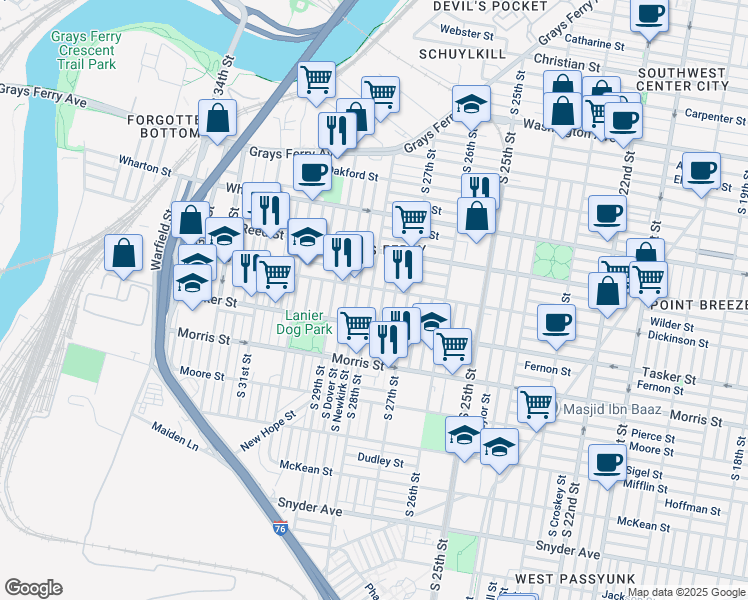 map of restaurants, bars, coffee shops, grocery stores, and more near 1515 South 28th Street in Philadelphia