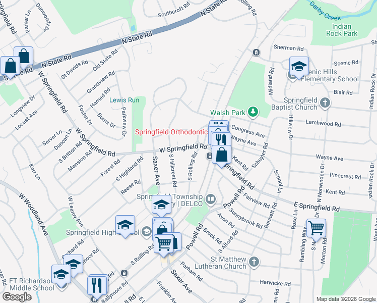 map of restaurants, bars, coffee shops, grocery stores, and more near 118 West Springfield Road in Springfield