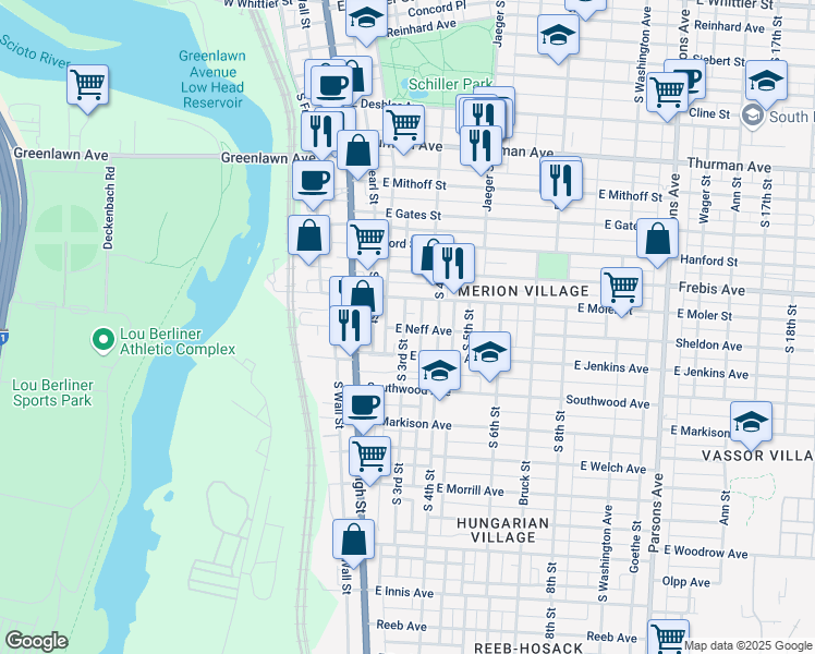 map of restaurants, bars, coffee shops, grocery stores, and more near 1364 South 3rd Street in Columbus