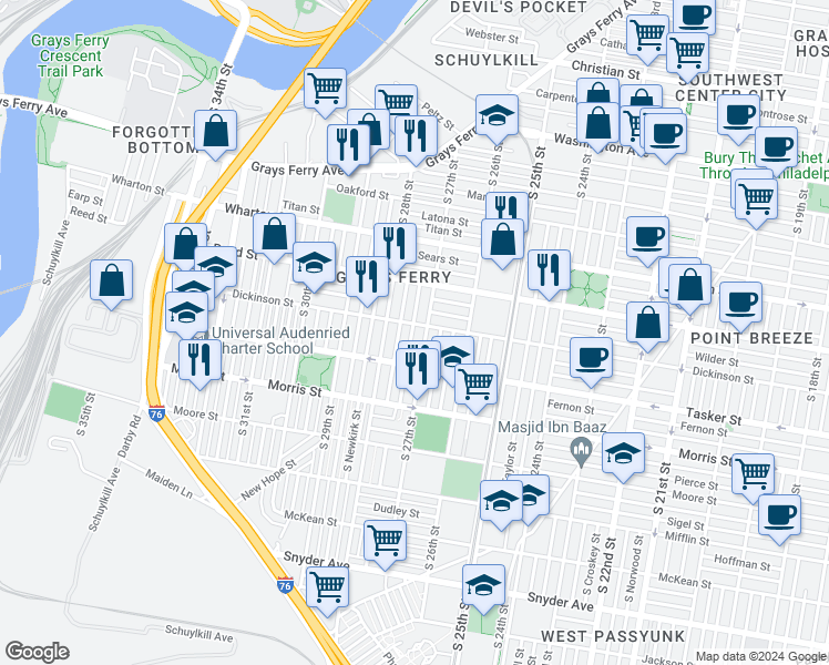 map of restaurants, bars, coffee shops, grocery stores, and more near 1509 South Etting Street in Philadelphia