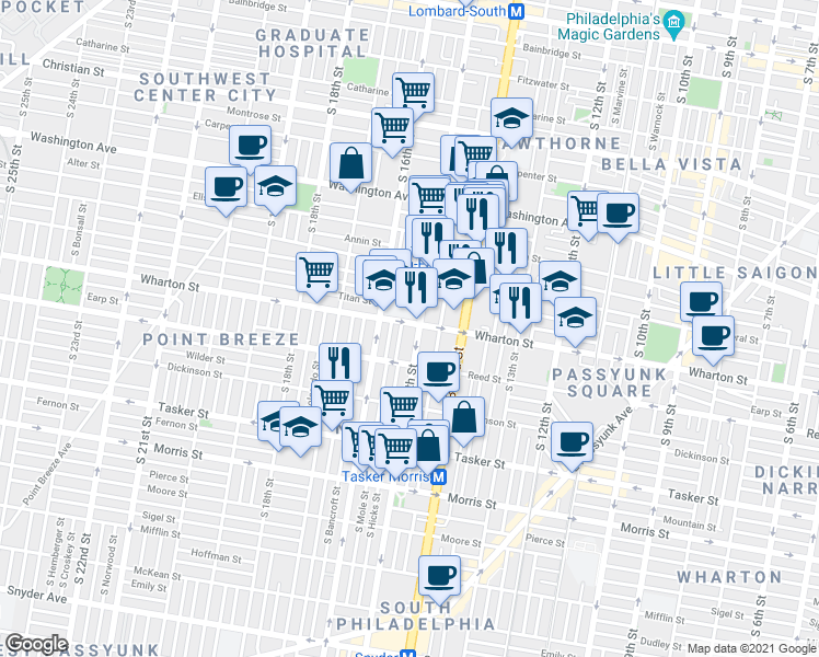 map of restaurants, bars, coffee shops, grocery stores, and more near 1510 Wharton Street in Philadelphia