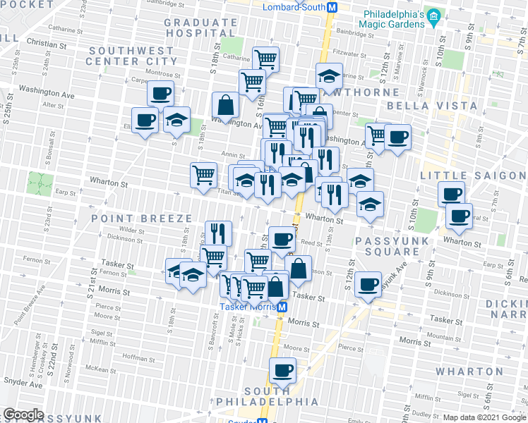 map of restaurants, bars, coffee shops, grocery stores, and more near 1508 Wharton Street in Philadelphia