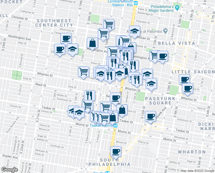 map of restaurants, bars, coffee shops, grocery stores, and more near 1510 Wharton Street in Philadelphia