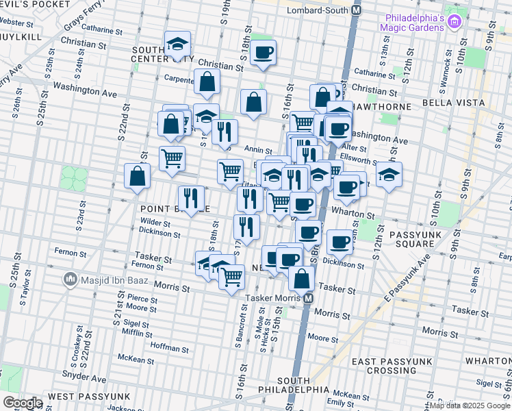 map of restaurants, bars, coffee shops, grocery stores, and more near 1309 South Chadwick Street in Philadelphia