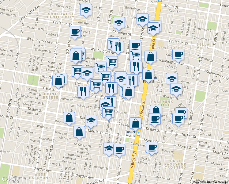map of restaurants, bars, coffee shops, grocery stores, and more near 1309 South Chadwick Street in Philadelphia