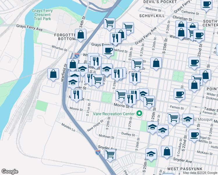 map of restaurants, bars, coffee shops, grocery stores, and more near 1519 South Myrtlewood Street in Philadelphia