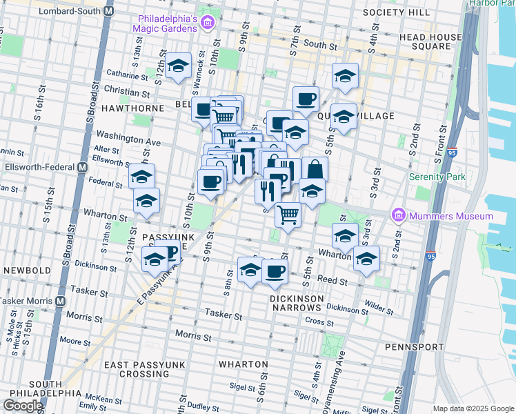 map of restaurants, bars, coffee shops, grocery stores, and more near 710 Annin Street in Philadelphia