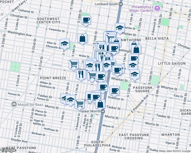 map of restaurants, bars, coffee shops, grocery stores, and more near 1512 Wharton Street in Philadelphia