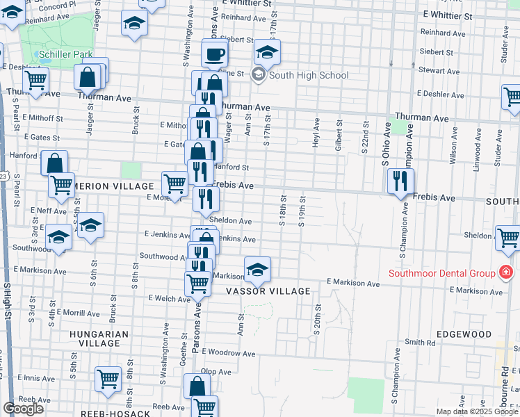 map of restaurants, bars, coffee shops, grocery stores, and more near 585 East Moler Street in Columbus