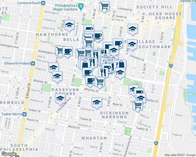 map of restaurants, bars, coffee shops, grocery stores, and more near 720 Annin Street in Philadelphia