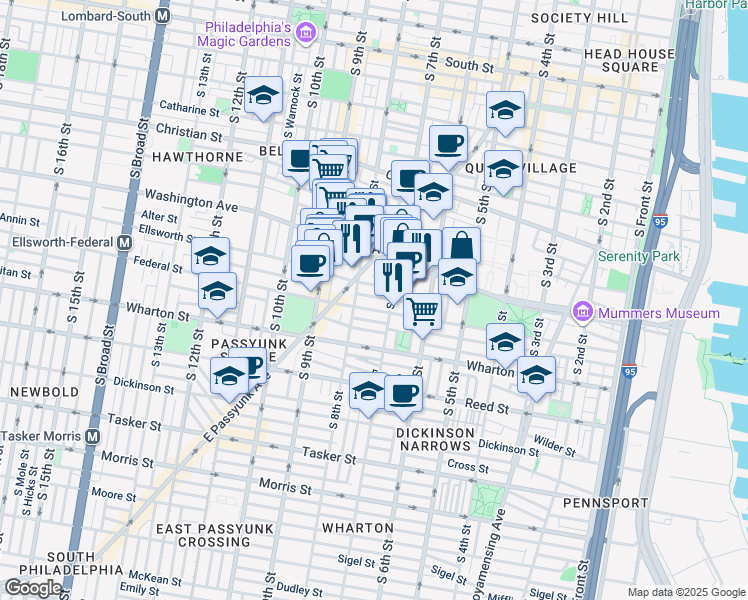 map of restaurants, bars, coffee shops, grocery stores, and more near 720 Annin Street in Philadelphia