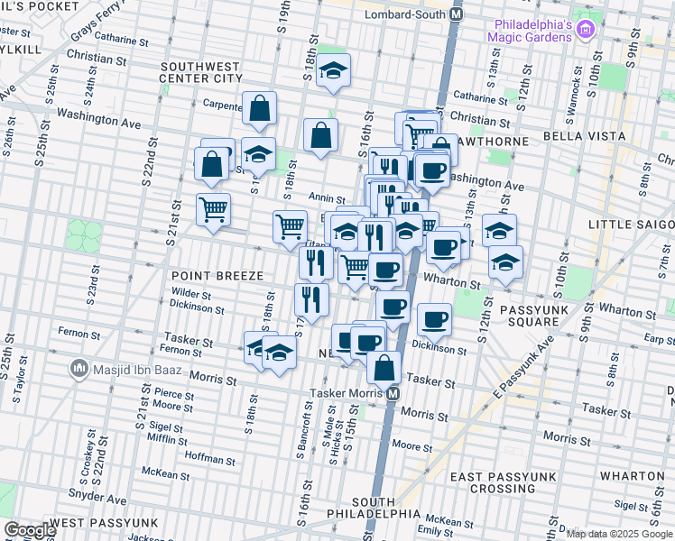 map of restaurants, bars, coffee shops, grocery stores, and more near 1310 South 16th Street in Philadelphia