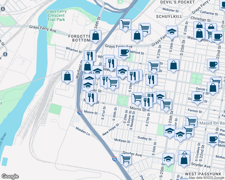 map of restaurants, bars, coffee shops, grocery stores, and more near 1535 South Stanley Street in Philadelphia