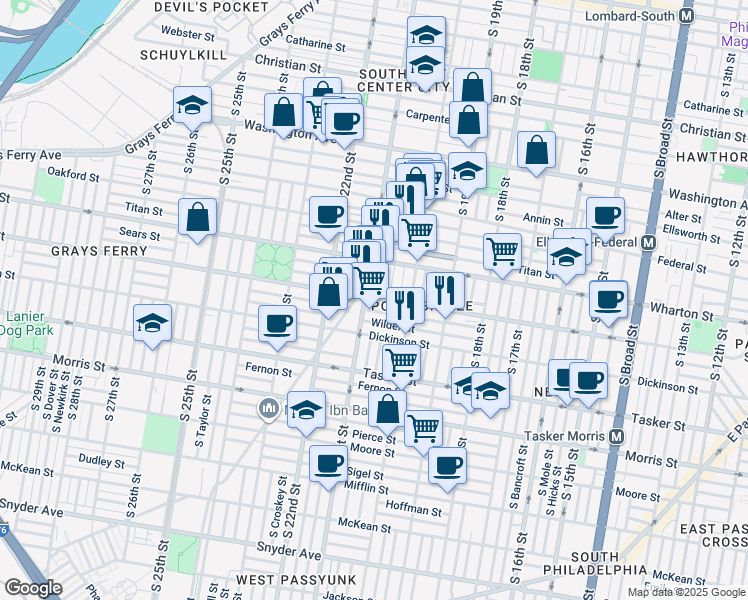 map of restaurants, bars, coffee shops, grocery stores, and more near 2050 Reed Street in Philadelphia