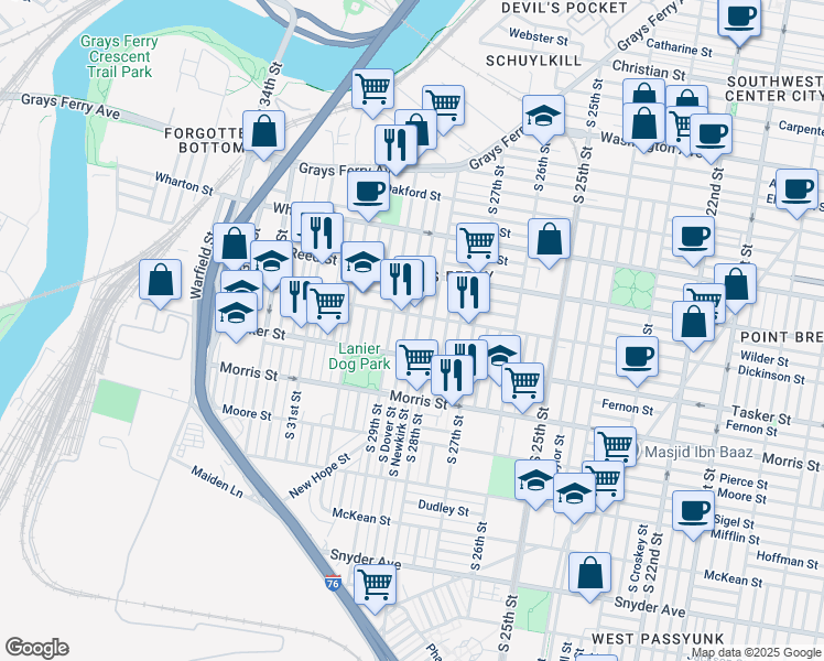 map of restaurants, bars, coffee shops, grocery stores, and more near 1518 South Newkirk Street in Philadelphia