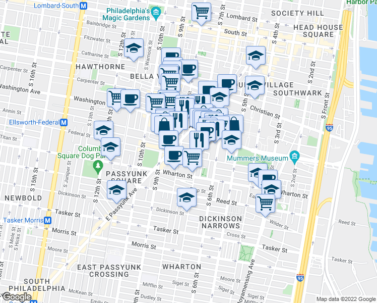 map of restaurants, bars, coffee shops, grocery stores, and more near 722 Annin Street in Philadelphia