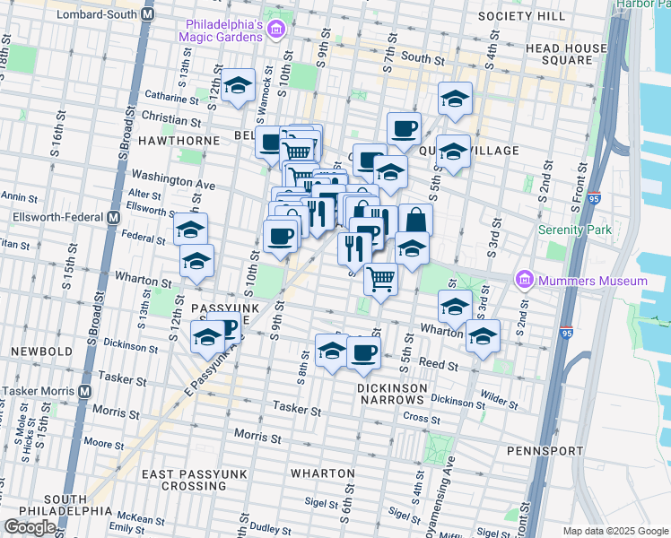 map of restaurants, bars, coffee shops, grocery stores, and more near 722 Annin Street in Philadelphia