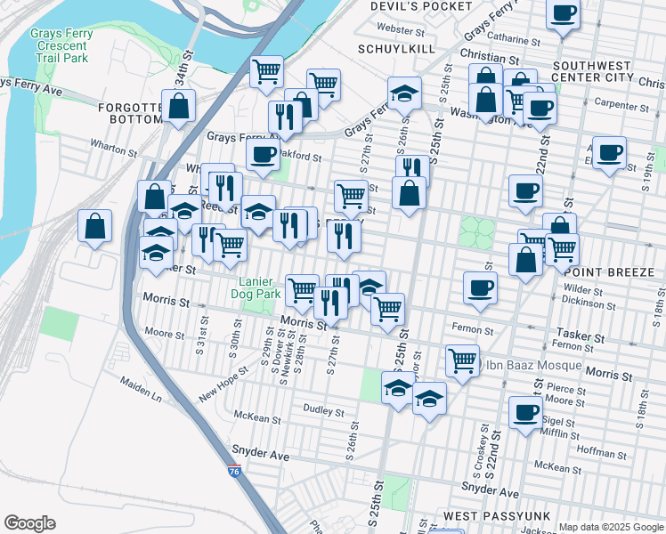 map of restaurants, bars, coffee shops, grocery stores, and more near 1500 South Marston Street in Philadelphia