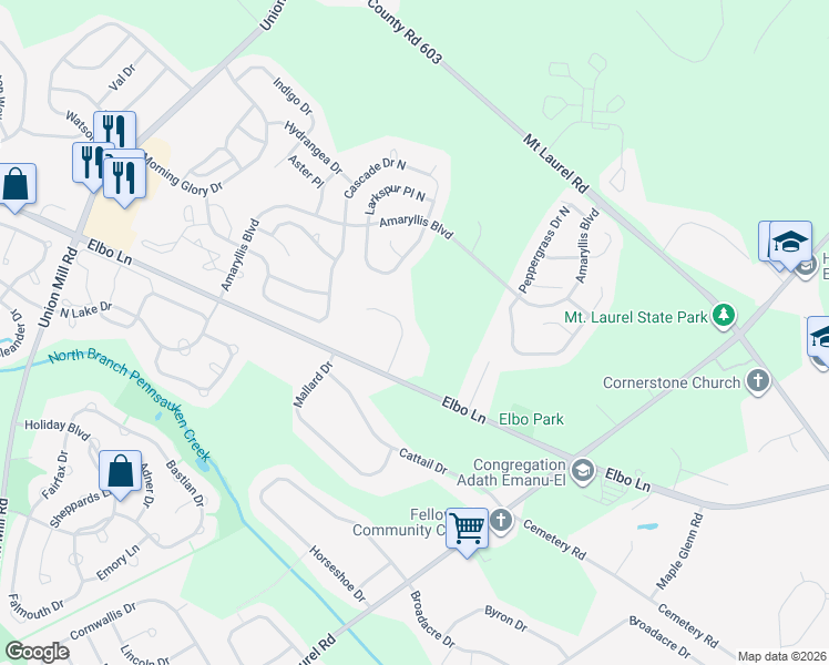 map of restaurants, bars, coffee shops, grocery stores, and more near 12 Sarah Court in Mount Laurel Township