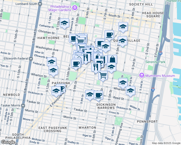 map of restaurants, bars, coffee shops, grocery stores, and more near 724 Annin Street in Philadelphia