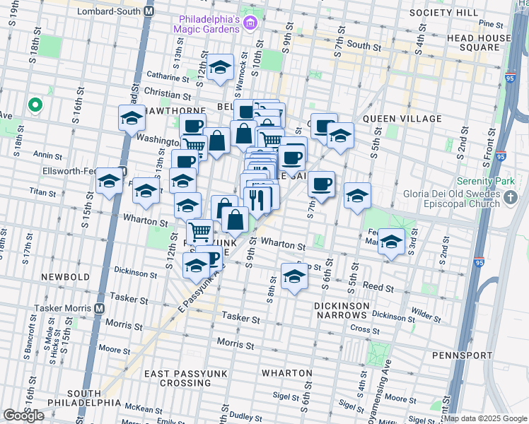 map of restaurants, bars, coffee shops, grocery stores, and more near 1166 South 9th Street in Philadelphia