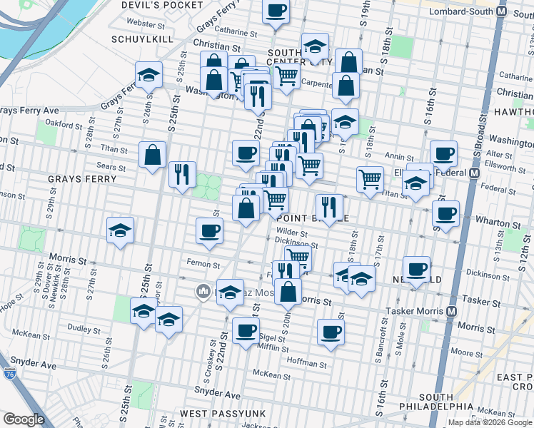 map of restaurants, bars, coffee shops, grocery stores, and more near 2113 Reed Street in Philadelphia