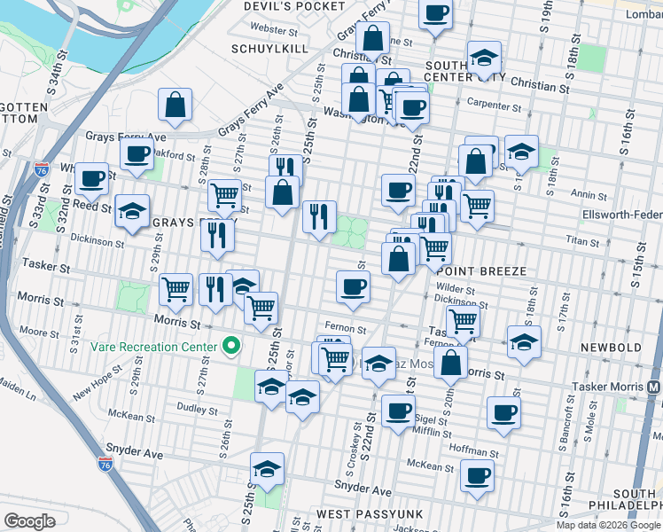 map of restaurants, bars, coffee shops, grocery stores, and more near 1422 South 24th Street in Philadelphia
