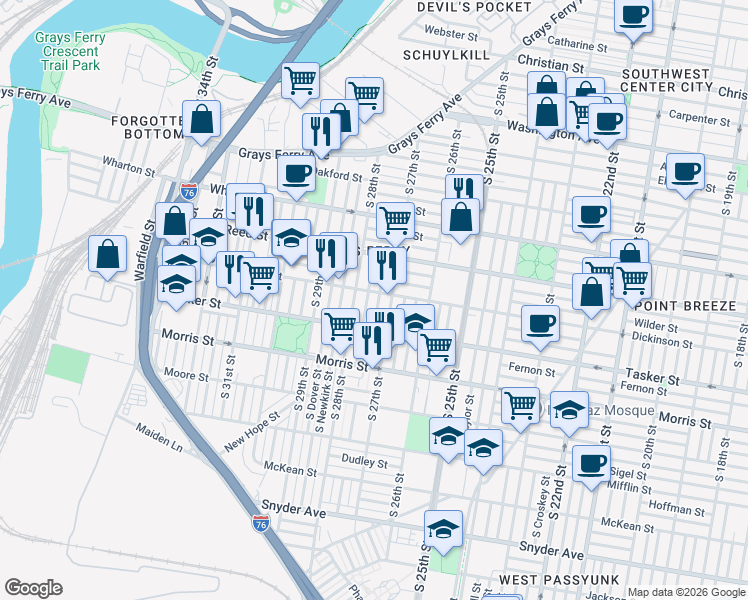 map of restaurants, bars, coffee shops, grocery stores, and more near 1500 South Marston Street in Philadelphia
