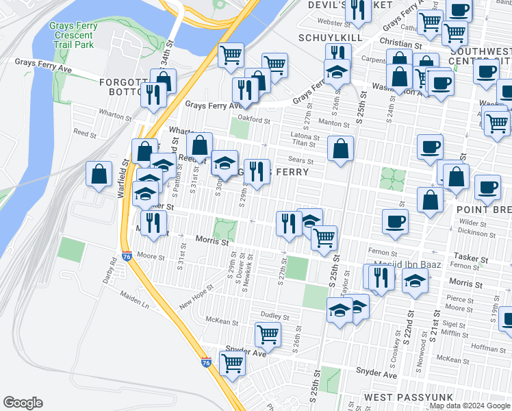 map of restaurants, bars, coffee shops, grocery stores, and more near 1518 South Newkirk Street in Philadelphia
