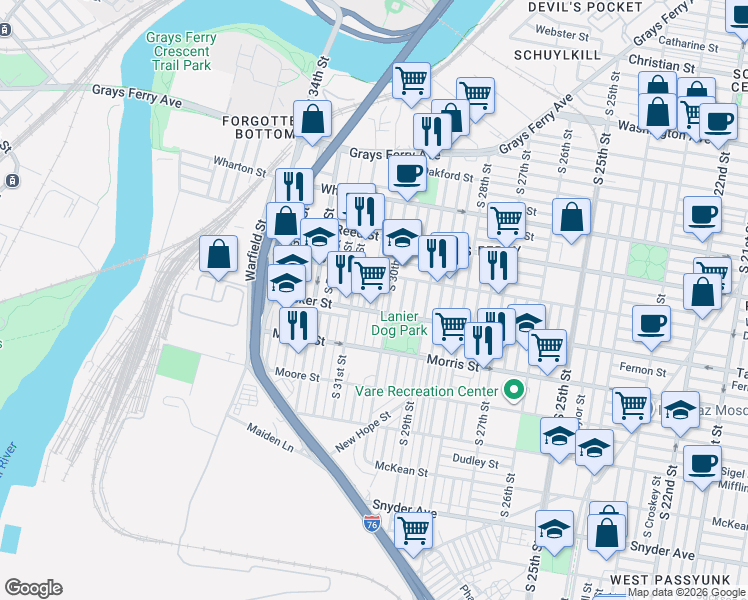 map of restaurants, bars, coffee shops, grocery stores, and more near 1526 South Corlies Street in Philadelphia