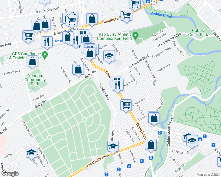 map of restaurants, bars, coffee shops, grocery stores, and more near 710 Cedar Avenue in Lansdowne