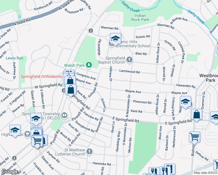 map of restaurants, bars, coffee shops, grocery stores, and more near 100 Hillview Drive in Springfield