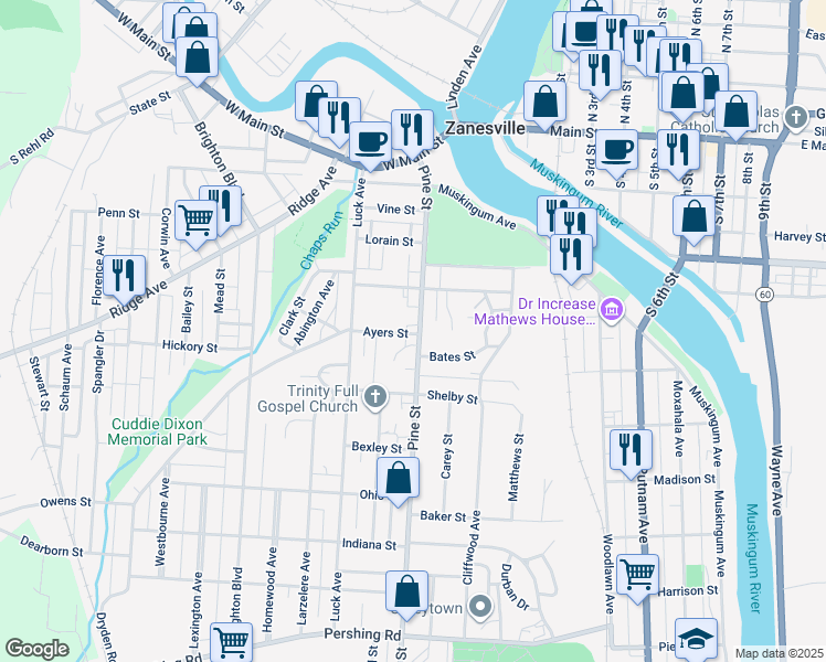 map of restaurants, bars, coffee shops, grocery stores, and more near 336 Pine Street in Zanesville