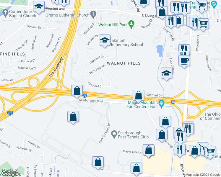 map of restaurants, bars, coffee shops, grocery stores, and more near 5645 Chatford Drive in Columbus