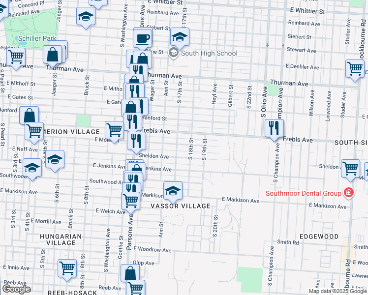 map of restaurants, bars, coffee shops, grocery stores, and more near 585 East Moler Street in Columbus