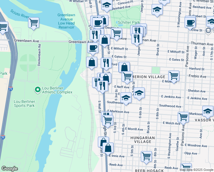 map of restaurants, bars, coffee shops, grocery stores, and more near 1357 City Park Avenue in Columbus