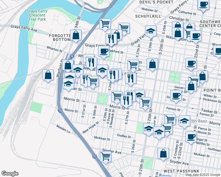 map of restaurants, bars, coffee shops, grocery stores, and more near 1521 South 29th Street in Philadelphia