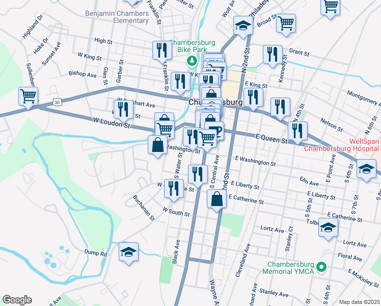 map of restaurants, bars, coffee shops, grocery stores, and more near 78 West Washington Street in Chambersburg