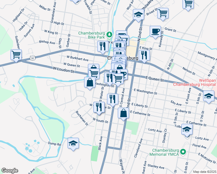 map of restaurants, bars, coffee shops, grocery stores, and more near 78 West Washington Street in Chambersburg