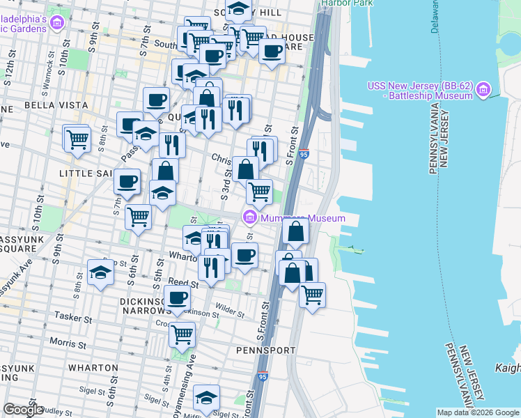 map of restaurants, bars, coffee shops, grocery stores, and more near 1011 South 2nd Street in Philadelphia