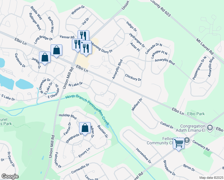 map of restaurants, bars, coffee shops, grocery stores, and more near 5 Eddystone Way in Mount Laurel Township
