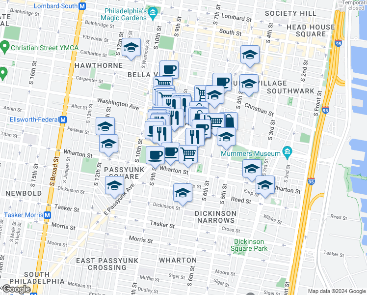 map of restaurants, bars, coffee shops, grocery stores, and more near 724 Annin Street in Philadelphia