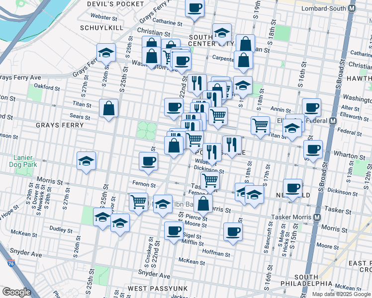 map of restaurants, bars, coffee shops, grocery stores, and more near 1404 Point Breeze Ave in Philadelphia