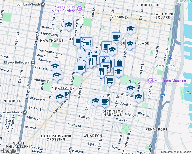 map of restaurants, bars, coffee shops, grocery stores, and more near 726 Annin Street in Philadelphia