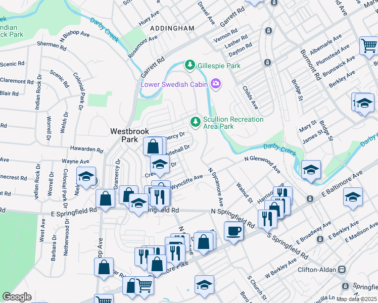 map of restaurants, bars, coffee shops, grocery stores, and more near 5107 Whitehall Drive in Clifton Heights