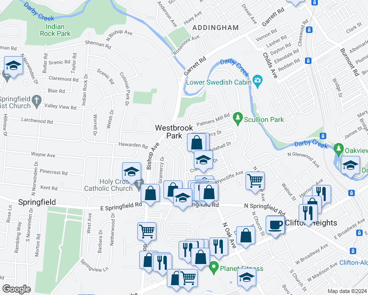 map of restaurants, bars, coffee shops, grocery stores, and more near 325 Westpark Lane in Clifton Heights