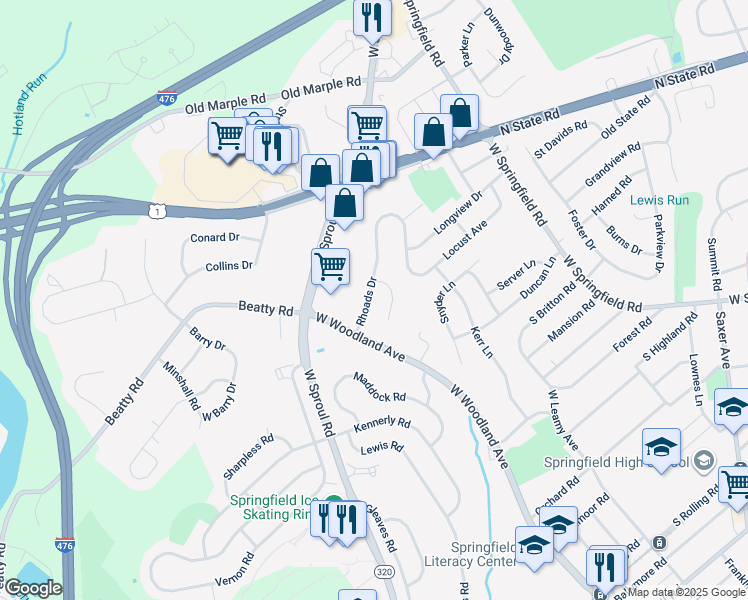 map of restaurants, bars, coffee shops, grocery stores, and more near 735 Rhoads Drive in Springfield