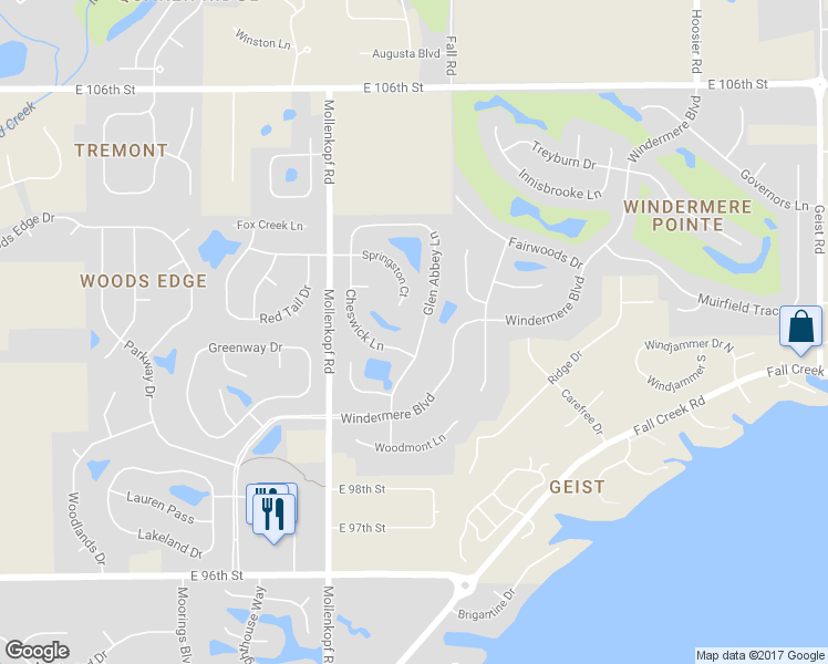 map of restaurants, bars, coffee shops, grocery stores, and more near 10160 Glenn Abbey Lane in Fishers